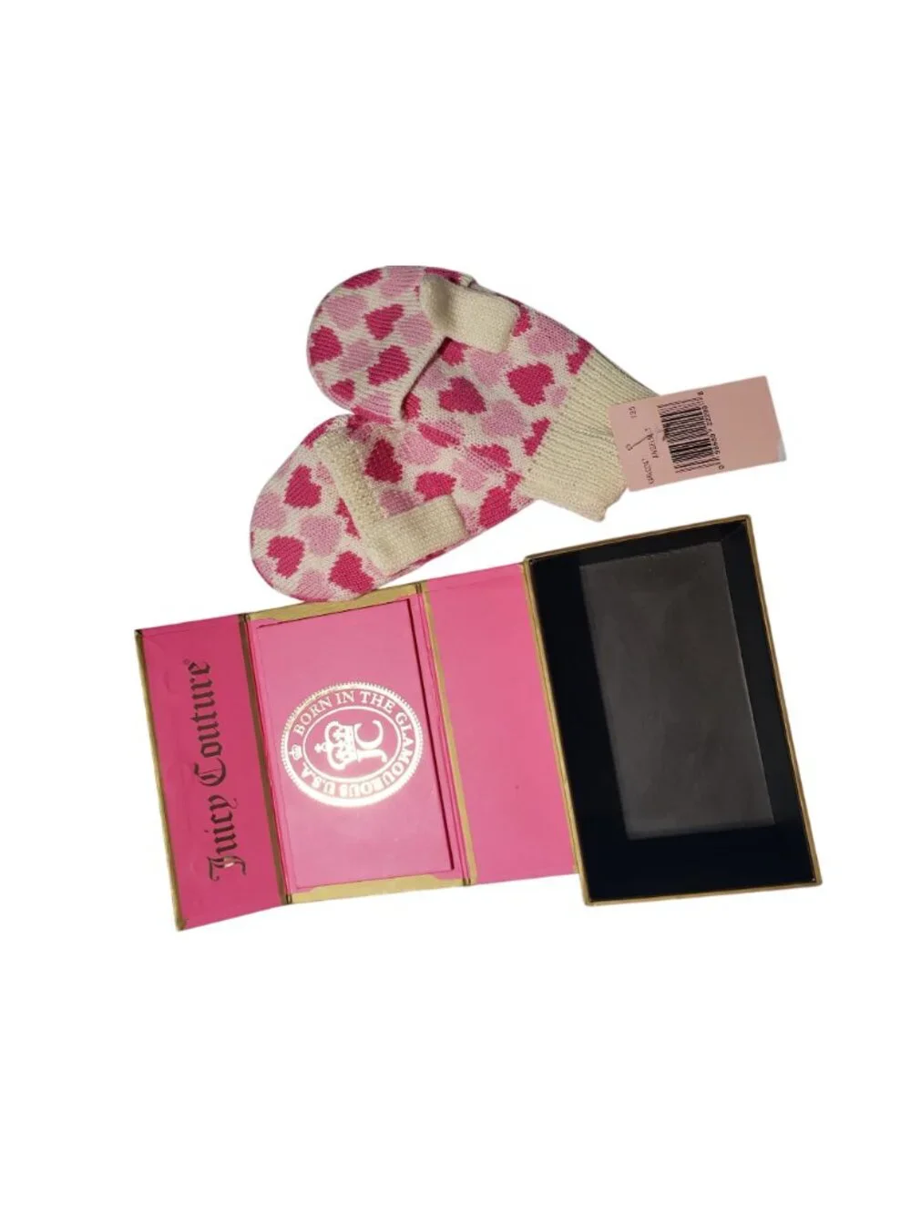 NEW Juicy Couture Girls 100% Merino Wool Mittens Cream Pink Heart Print with Box